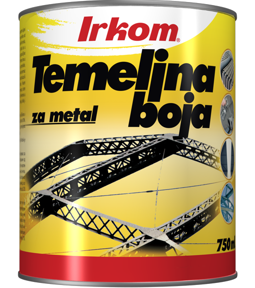 TEMELJNA BOJA za metal je jednokomponentni uljani premaz za osnovnu zaštitu čeličnih konstrukcija i metalnih površina od korozije u enterijeru i eksterijeru. 
                Izrađena je od alkidnih sintetičkih smola, antikorozivnih pigmenata, aditiva i organskih rastvarača. Koristi se u sistemu sa Sintex univerzalnim emajlom ili Antik emajlom (preporučljivo je naneti dva sloja osnovne boje i dva sloja završne boje). 
                Primenu ima u zaštiti čeličnih konstrukcija, poljoprivrednih i građevinskih mašina, karoserije automobila i svih ostalih metalnih površina. Kao završni premaz može se naneti samo emajl na uljanoj bazi. 
                Završni premazi na nitro bazi ili Irkom 3u1 nije preporučljivo nanositi preko ove temeljne boje.  
                Irkom temeljna boja za metal može se koristiti i kao samostalni premaz, u tom slučaju potrebno je naneti najmanje 2-3 sloja, debljine 30-40 mikrona u jednom sloju, ukupno 120 mikrona. Dostupna je u sivoj, crvenoj, beloj i crnoj boji.
           
